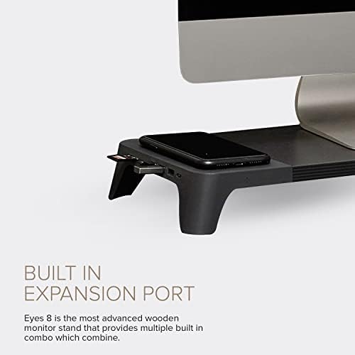 POUT E8 Wood Desk Monitor Computer Stand Riser Shelf + USB HUB + Qi Fast Wireless Charging Charger Pad Mat for Laptop, Apple, iMac, PC, iPhone, Samsung Galaxy, Airpod 2, Buds (Black) - Image 2