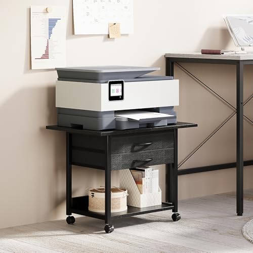 VENNQD Large Printer Stand with Storage Fabric Drawer Under Desk Printer Table with Wheels for Home Office, Printer Cart fit Fax Machine Scanner 23.4"x15.7" (Black, 2 Tiers) - Image 3