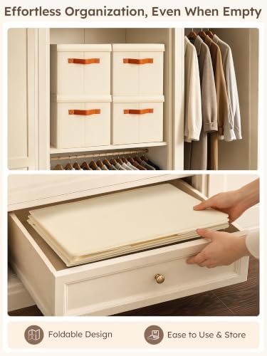 Homsorout Storage Bins with Lids - Large Fabric Closet Bins with Lid, 5 Pack Clothes Organizers and Storage, Collapsible Stackable Cube Basket for Home, Office, Dorm, Beige - Image 6