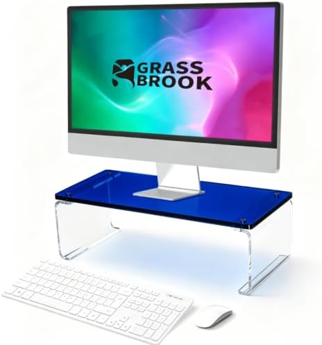 Acrylic Monitor Stand Riser L18.5" x H5" | Multi-Purpose Desk Organizer for Monitor & Laptop, Compatible with PC, Apple Studio Display and Printer, Ideal for Home Workspaces & Office Desks (Blue) by GRASSBROOK