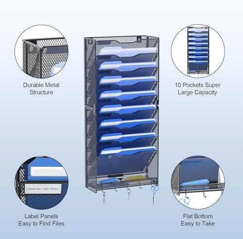 OUTWOLF 10 Tier Hanging Wall File Organizer Wall Mount Paper Document Folder Holder with Hooks for Home Office Organization - Image 7