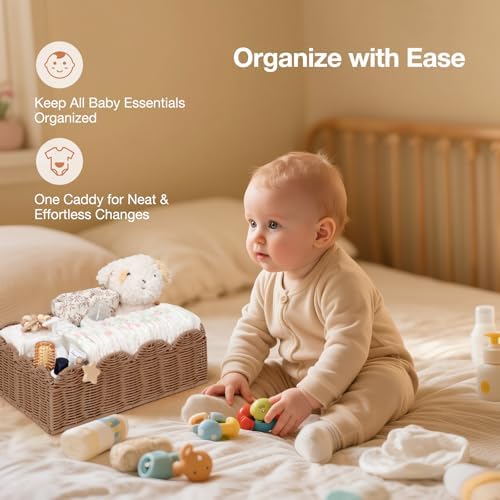 Wicker Diaper Caddy Organizer, Nursery Storage Basket for Diapers and Baby Wipes, Baby Essentials Organizer for Changing Table, Splinter Free Rattan Style (Tea Brown, L) - Image 5