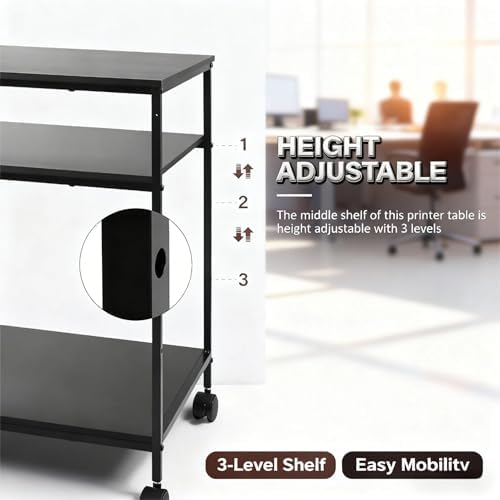 Heavy Duty 3-Tier Printer Stand with Locking Wheels, 23.6"x18.9" *31.5" Large Printer Table Shelf, Holds 100 lbs per Shelf - Fits Most 60" Desks, Perfect for Office, Home, Laser Printer or Mini Fridge - Image 3