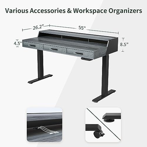 CubiCubi One-Piece Standing Desk 55x26 with 3 Wood Drawers, Antique Grey - Image 3