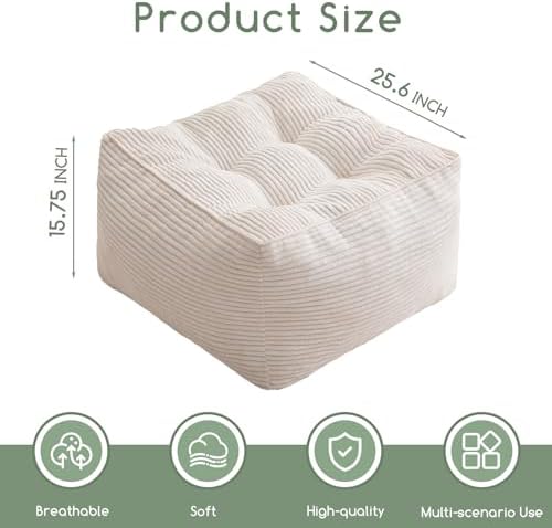 HIGOGOGO Square Stuffed Pouf Ottoman, Corduroy Poufs with Foam Chunk Filling, Furry and Fluffy Pouf Foot Stool Storage Ottoman, 25.6 X 25.6 Floor Poufs Foot Rest for Living Room, Beige - Image 2