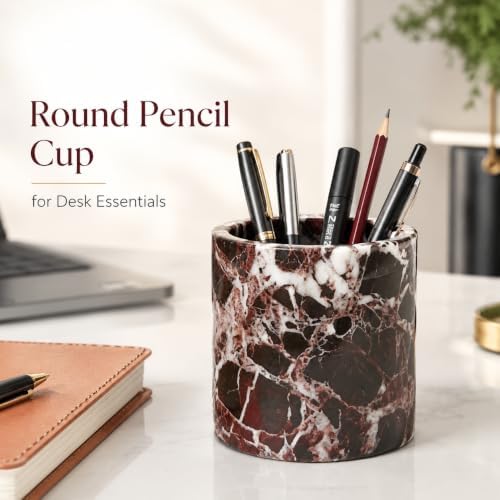 Purple Red Marble Round Pen Holder with Lid for Desk - Image 7
