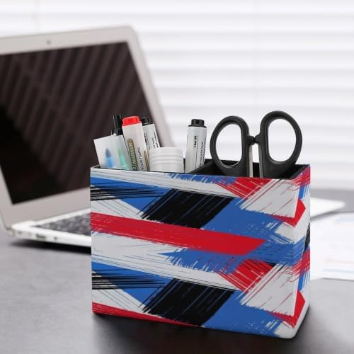PU Leather Multi-Compartment Pen Holder Desktop Organizer Pencil Cup Storage Caddy for Office Home Supplies Bold Plaid Pattern with Wide Brushstrokes And Thin Stripes Hand Painted - Image 5