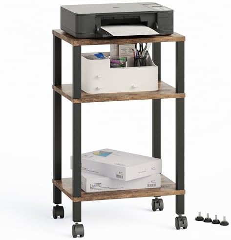 3-Tier Printer Stand with Storage, Mobile Printer Cart with Rolling Casters & Adjustable Feet, Under Desk Storage Shelf for Home Office, Small Printers,Rustic Brown, 15.7" x 11.8" x 25.9" by Unknown