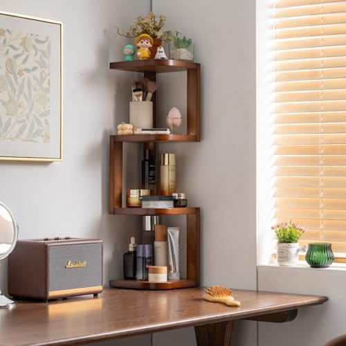 Corner Shelf Stand Desk Organizer,26.8" H Rubberwood Brown Rack for Small Spaces, Bedroom,Home Office,Kitchen,Bathroom (Walnut, 4 Tier) - Image 4