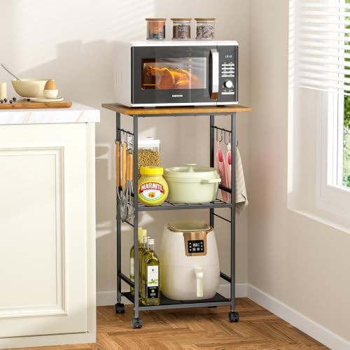 ThreeHio Rolling Kitchen Microwave Cart, 3 Tier Microwave Table Stand with Adjustable Shelf, Kitchen Storage Rack on Wheels, Coffee Station Cart Rack Shelf Organizer for Living Room Office, Balcony by ThreeHio