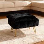 Small Foot Stool with Storage & Gold Metal Legs, Small Ottoman Foot Rest Under Desk for Couch, Chair, Black Furry with High-Density Resilient Sponge - Image 3