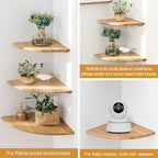 Corner Shelf,16inch Natural Oak Solid Wood Floating Corner Shelves Wall Mount Round End Floating Speaker Rack with Wire Hole for Small Plant for Bedroom Kitchen, Living Room - Image 4