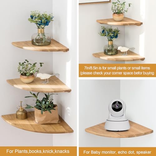 Corner Shelf,16inch Natural Oak Solid Wood Floating Corner Shelves Wall Mount Round End Floating Speaker Rack with Wire Hole for Small Plant for Bedroom Kitchen, Living Room - Image 4