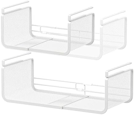 Expandable Under Shelf Basket Organizer, Under Shelf Storage, Hanging Baskets Under Cabinet for Pantry Kitchen Cupboard Desk Counter Bookshelf Space Saver Heavy Duty Slide-in (white, 2 Pack) by Janebert