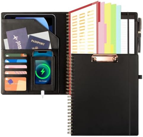 Ospelelf Clipboard with Storage for Men Women, Leather Padfolio Portfolio Organizer 5 Folders with 10 Pockets, Spiral Clipboard Folio with Notepad for Letter Size, Elastic Closure and Pen Loop Black by OspelelfOfficeSupplies