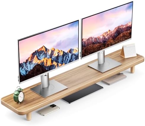 Dual Monitor Stand Riser, 39 Inch Extra Long Wooden Desktop Monitor Riser with Storage for 2 Monitors Ultra Strong Desk Shelf Organizer Riser Ergonomic for 2 Screens/Laptop/PC/TV/Printer -Light Walnut by Zanhour