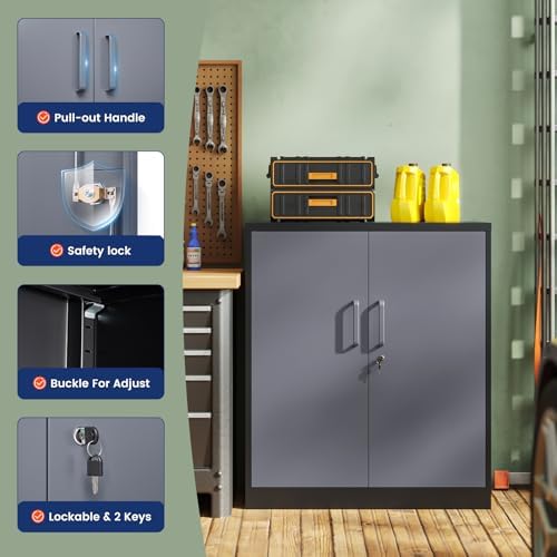 Yizosh Metal Garage Storage Cabinet with 2 Doors and 2 Adjustable Shelves - 35.5" Steel Lockable File Cabinet for Home Office,Garage,Gym,School（Gray Black） - Image 6
