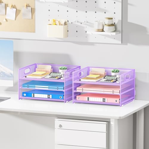 Paper Organizer with Handle,2P-3 Tier Purple Desk Organization Set - Image 3