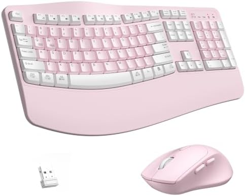 Wireless Keyboard and Mouse Combo,2.4G Ergonomic Wave Keys(Pink-A) by RECCAZR
