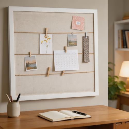 SOFE Large White Linen Bulletin Board, 28 x 32 Wood Framed Memo Board - Image 3