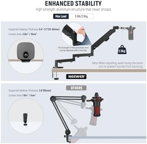 NEEWER MS002 Low Profile Desk Mic Boom Arm Stand with 360° Swivel Adjustable Pneumatic Damping Cable Management Cleaning Cloth, Desktop Mount Holder Compatible with Shure MV7 SM7B Blue Yeti Microphone - Image 5