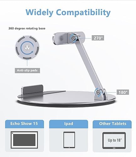 Almoz Swivel and Tilt Stand for Echo Show 15, Aluminum Stand for Show 15.6" Smart Display and Up to 18" iPad/Tablets, with 360 Degree Rotating Base, Viewing Angle Adjustable, No Need Mounting - Image 2