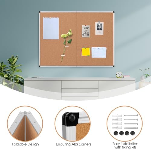 Cork Board Bulletin Board 36 x 48, Silver Aluminium Framed 4x3 Corkboard, Foldable Office Board for Wall, Large Wall Mounted Notice Pin Board with 36 Push Pins for School, Home & Office - Image 6
