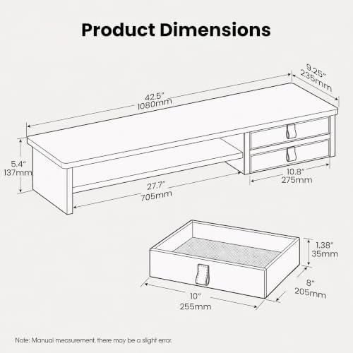Dual Monitor Stand, 42.5 Inch Wood Monitor Riser with Drawers, 2 Tier Desktop Organizer for Computer Laptop TV, Large Screen Stand for Home Office Desk - Image 2