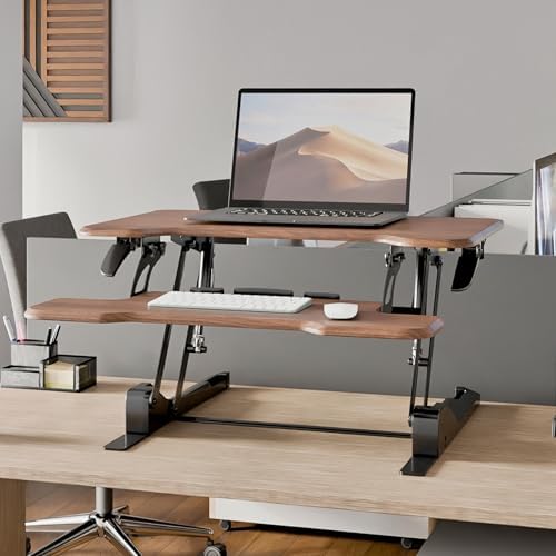 Mount-It! Height Adjustable Standing Desk Converter, Compact 30” Wide Tabletop Standing Desk Riser with Gas Spring, Desktop Stand Up Workstation with Keyboard Tray Fits Monitor or Laptop, Dark Walnut - Image 5