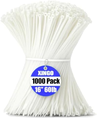 XINGO 1000 PCS White Zip Ties 16 Inch, 60 LBS Tensile Strength, Self-Locking Nylon Plastic Nylon PA66 Wire Ties for Indoor and Outdoor Use by XINGO