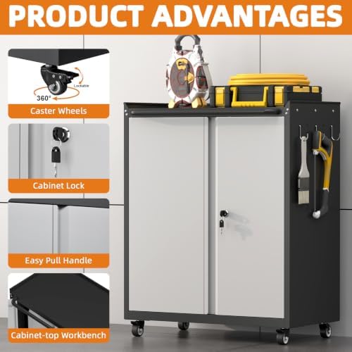 32''H Metal Storage Cabinet with Wheels, Garage Tool Storage Cabinets with Lock, Lockable Steel Rolling Tool Chest with Doors & Adjustable Shelves for Garage, Home, Office - Image 4