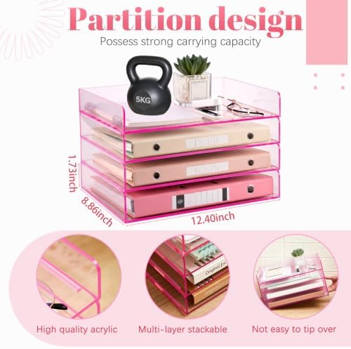 Harloon 4 Tier Clear Hot Pink Acrylic Paper Organizer Letter Tray, Aesthetic Stackable Low Profile Desk File Organizer Modern Heavy Duty Paper Holder Tray for A4, Office Home File Pad Books Notes - Image 2