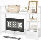 Desk Shelf with Drawer, 41.3" Desktop Organizer Shelf, Desk Hutch for Computer Monitor Max 32", 3 Tier Desktop Display Rack, Wooden Desk Top Bookshelf Storage Rack for Home Office Dorm, White by Mexin
