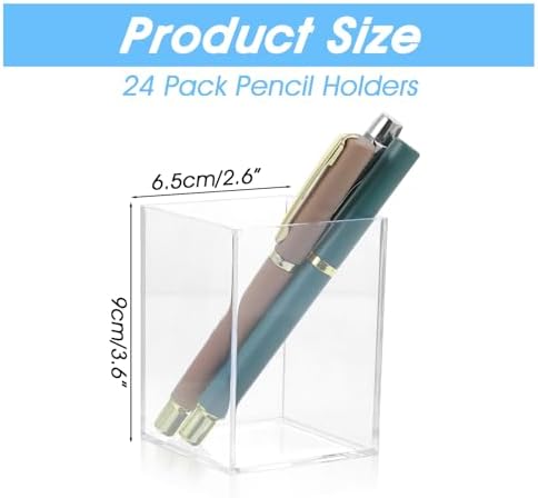24 Pack Clear Acrylic Pen Holders – Multipurpose Desktop Organizer for Pencils, Makeup Brushes, Stationery & Office Supplies (2.6” x 2.6” x 3.6”) - Image 2