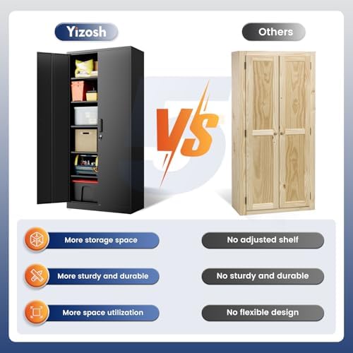 Yizosh Metal Storage Cabinet with Lock - 72" Garage Storage Cabinet with 2 Locking Doors and 5 Adjustable Shelves, Black Steel Lockable for Office,Home,Garage - Image 6