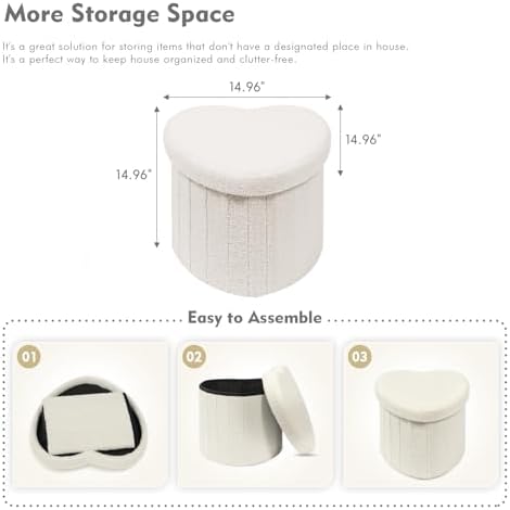 B FSOBEIIALEO Storage Ottoman Heart Shaped Ottoman with Storage,Cream White - Image 3