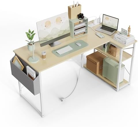 TIQLAB Small Computer Desk with Power Outlets, 40 Inch L Shaped Desk with Reversible Shelves, Gaming Desk Corner Desk Study Writing Table for Home Office Bedroom Living Room, Beige by TIQLAB