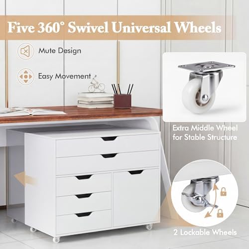 GIANTEX File Cabinet, Rolling Lateral Filing Cabinet with Wheels, 5 Drawers, Load 220 Lbs, Office Craft Storage Organization, Mobile Storage Organizer, Printer Stand for Home Office (White) - Image 4