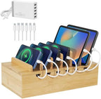 Bamboo Charging Station Organizer, Multi-Device Charging Dock with Cable Management, Phone Tablet Stand for Home Office, 5-Port USB Charger & 6 Cables Included by LEOKKARR