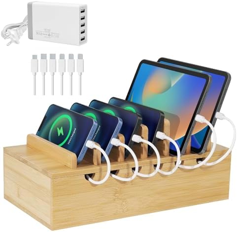 Bamboo Charging Station Organizer, Multi-Device Charging Dock with Cable Management, Phone Tablet Stand for Home Office, 5-Port USB Charger & 6 Cables Included by LEOKKARR
