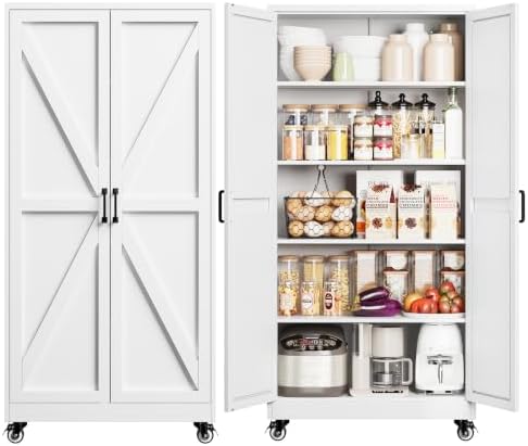 71"White Metal Kitchen Pantry Storage Cabinet Garage Cabinets and Storage by Yizosh