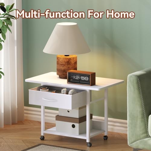 Printer Stand with Locking Wheels, 2-Tier Printer Table with Fabric Drawer, Under Desk Rolling Table Cart for Home Office, Fit Fax Machine Scanner, White - Image 4