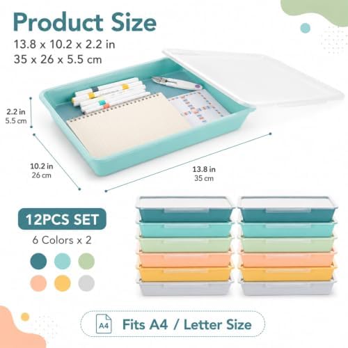 12 Pcs Letter Size Flat Storage Tray with Latching Lid (Morandi) - Image 2