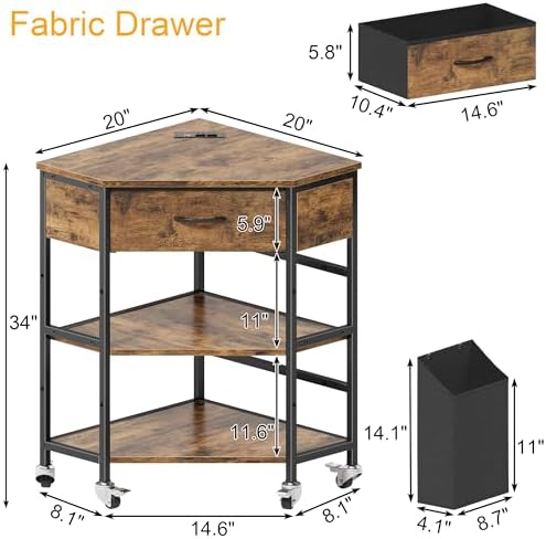 YAOHUOO Corner Printer Stand, Corner Table with Power Outlet/Fabric Drawer - Image 7