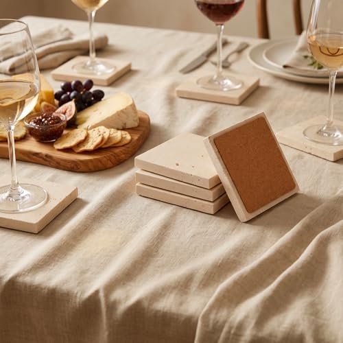 6 Pack 4 Inch Square Travertine Coaster, Absorbent Marble Coaster with Cork Pad Travertine Drink Coasters Stone Coasters for Home Decor, Coffee Tabletop - Image 5