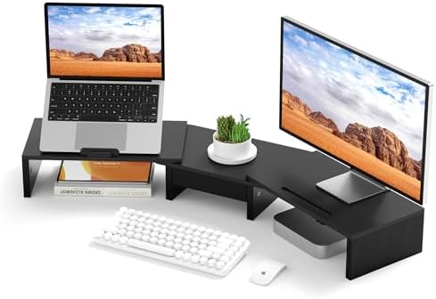 AFOOYO 43.3 Inch Dual Monitor Stand with Laptop Tray & Drawer, 5 Height & 4 Angle Adjustable Ergonomic Computer Riser, MDF Desk Shelf for MacBook Dell HP Lenovo 10-17.3" Laptops, Black by AFOOYO