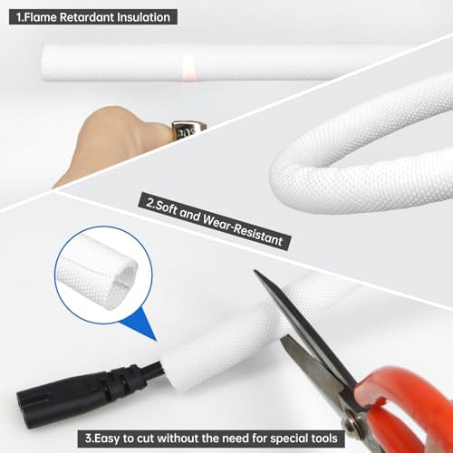 Split Braided Cable Sleeve，Flexible Wire Loom Tubing, Automotive Cord Protector Pet Proof, Cable Management for Computer TV Electric Wires Harness 16ft (White, 32mm（1-1/4") - Image 4