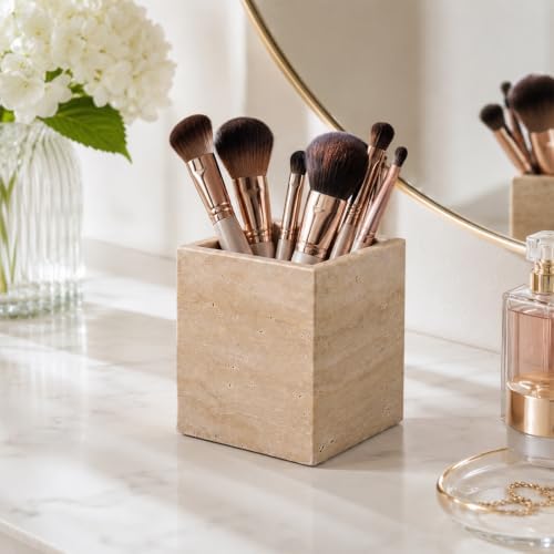 Koville Travertine Toothbrush Holder, Natural Marble Stone Makeup Brush Holder, Rectangular Pencil Cup Office Countertop Organizer Utensil Container Vanity Bathroom Kitchen Sink(Beige) - Image 5