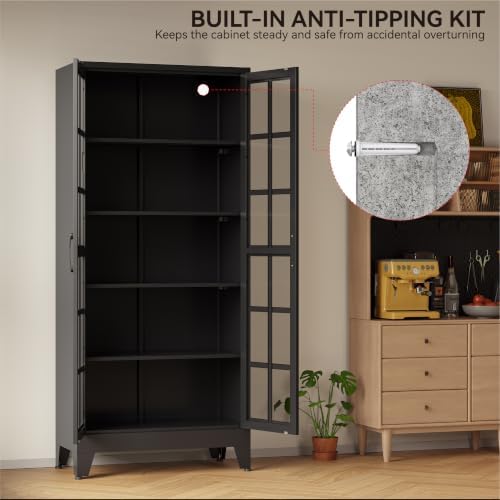 COFaR 71" Black Metal Pantry Cabinet with Glass Doors for Living Room - Image 7