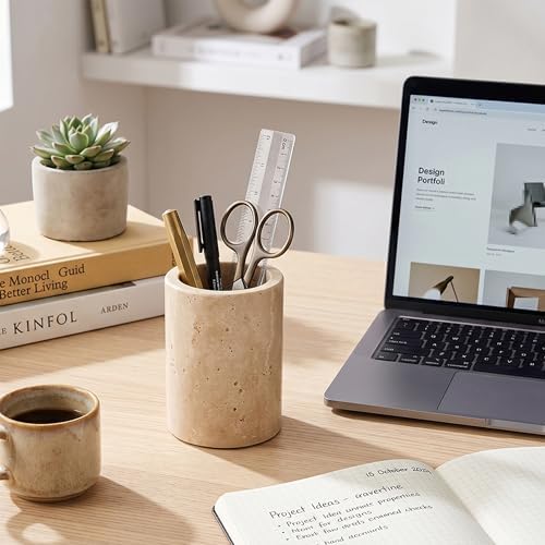 Travertine Stone Pen Holder for Desk, Handcrafted Volakas Sturdy Desk Organizer for Office Supplies Storage Desktop Stationary Makeup Brushes Cup Pencil Holders for Home Beige (WH101) - Image 4